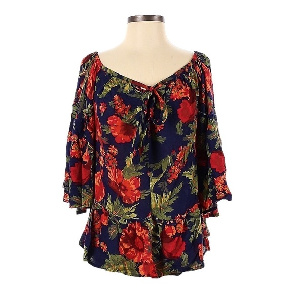 🌺 Sun & Shadow Boho Navy Blue Oversized Flowy Floral Blouse Size S - Picture 1 of 8